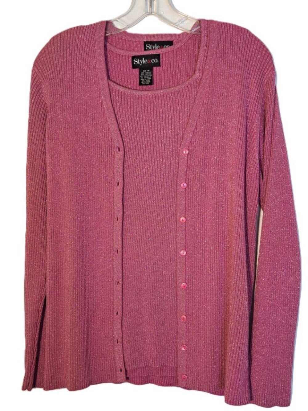 Style & Co 2 Pc Sweater Set Womens M Pink Metallic Shimmer Cardigan Tank Y2K EUC